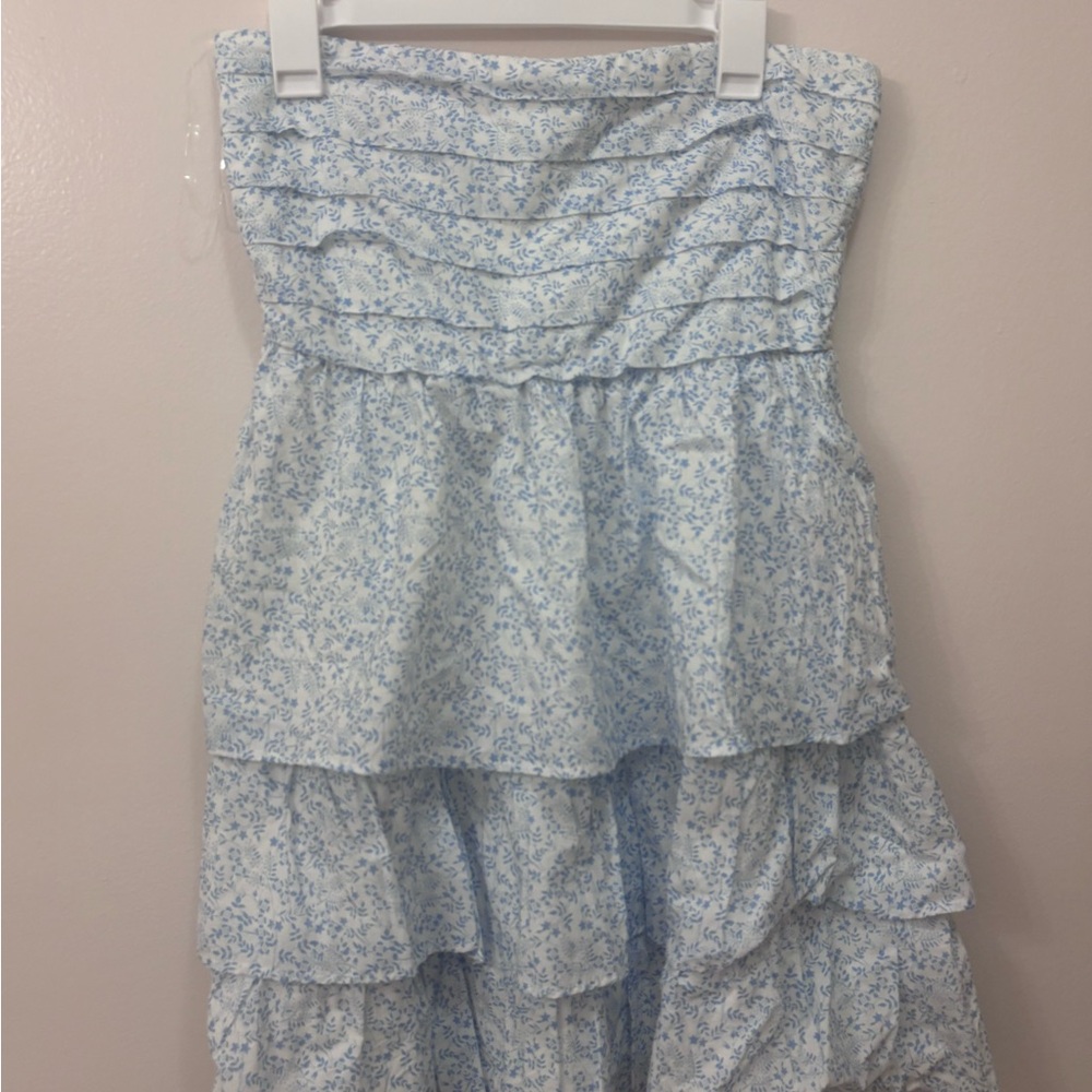 Altar'd State Pale Blue Floral Strapless Tiered Sundress